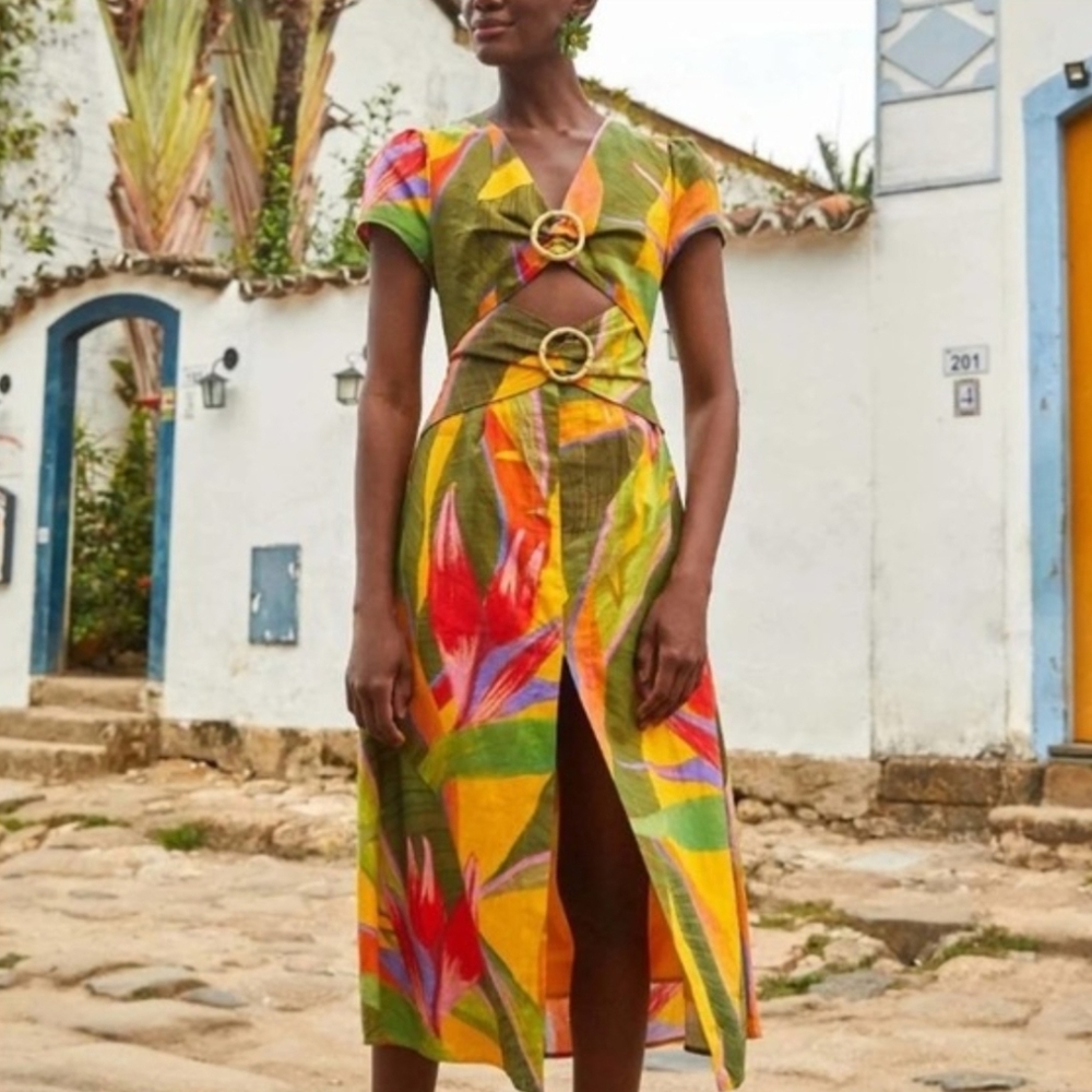 Farm Rio Dress - Yellow Garden Linen Midi Maxi Tropical Palm - Picture 1 of 10